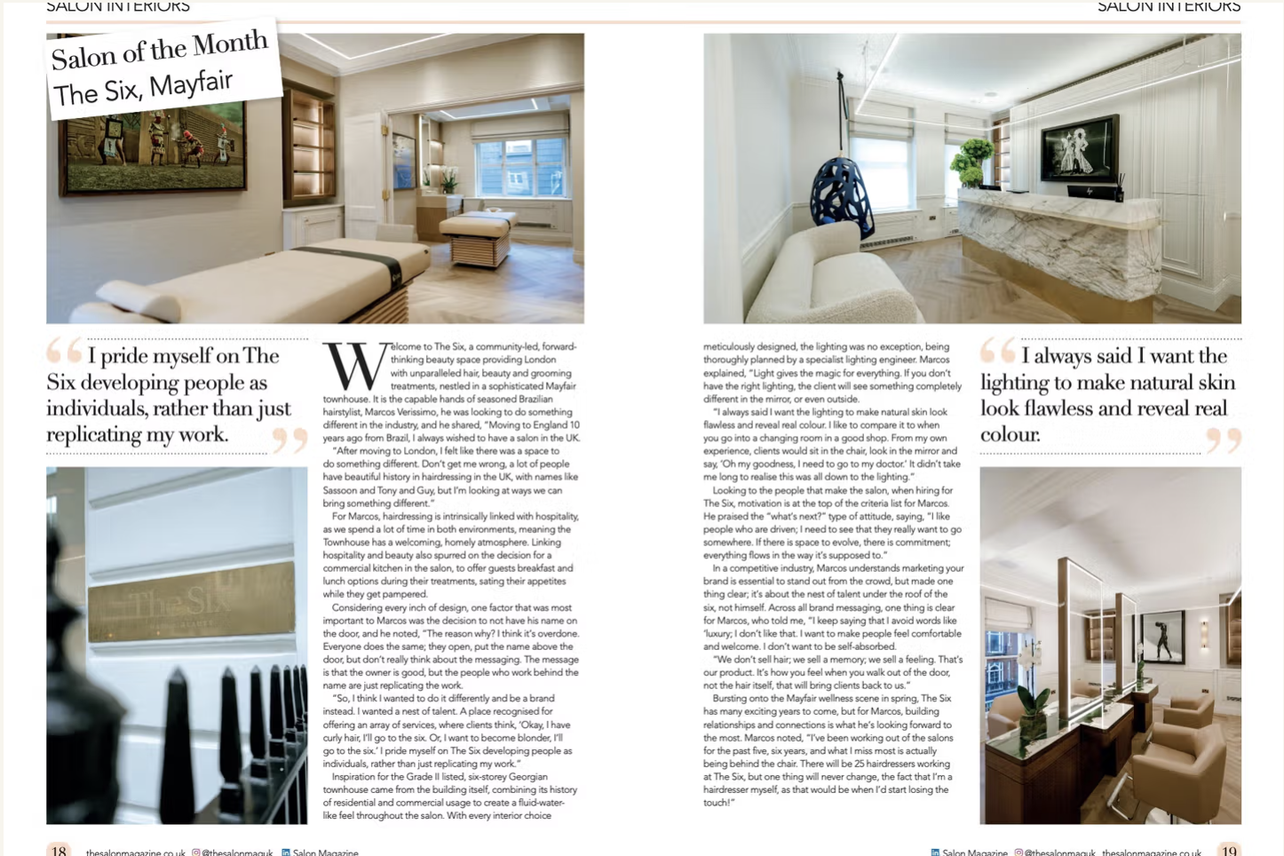 Two pages of a magazine article about The Six, Mayfair, with interion design pictures details.