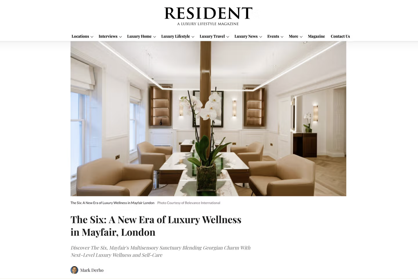 Magazine article about The Six, Mayfair, featuring the salon area on the first floor, hair service sections and leather chairs.
