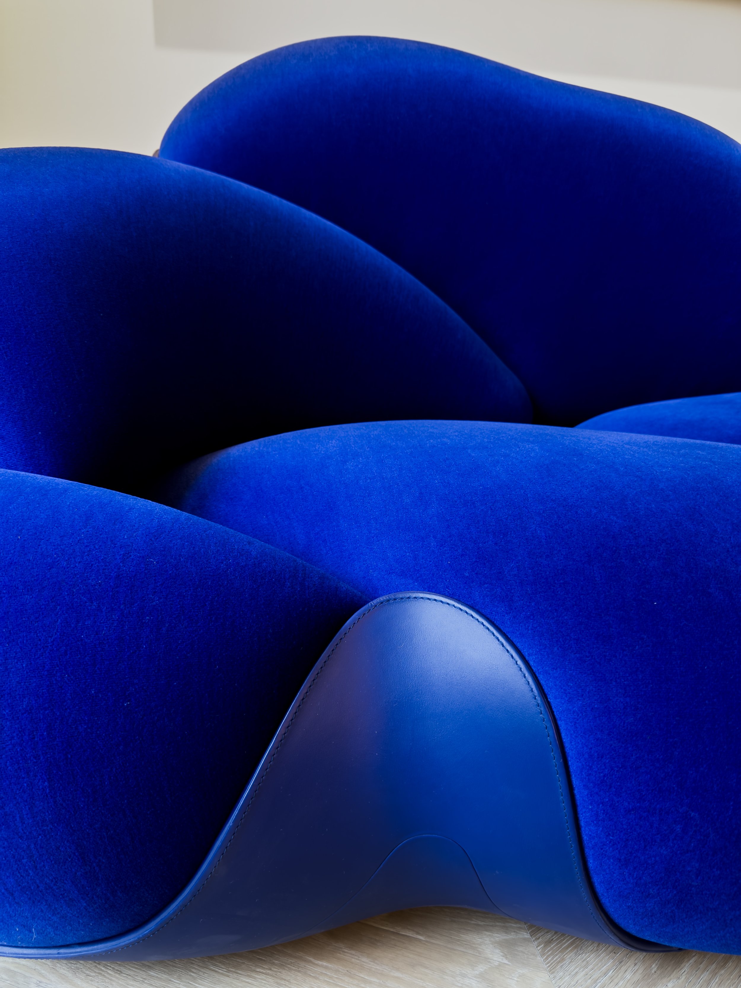 Detail of blue sofa in the VIP area, at The Six, Mayfair, London.