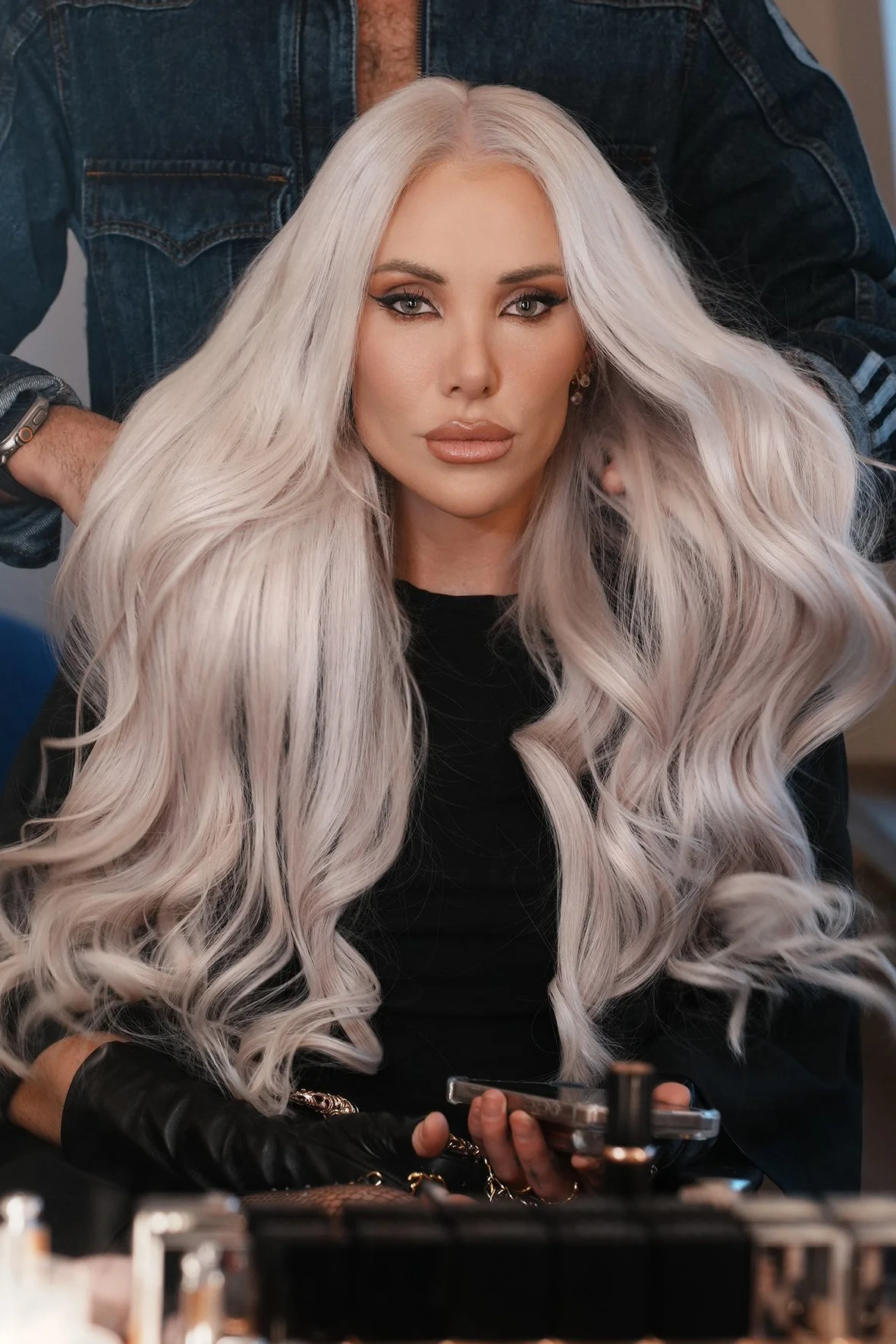 long platinum blonde extension with a soft waves finish by Stephen Jarvis.