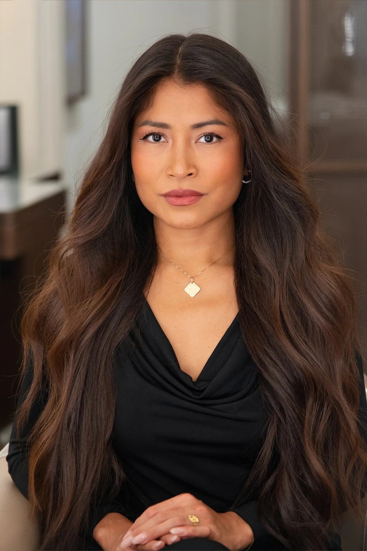 expensive brunette, very shiny colour, long soft wave blow dry by Marcos Verissimo.