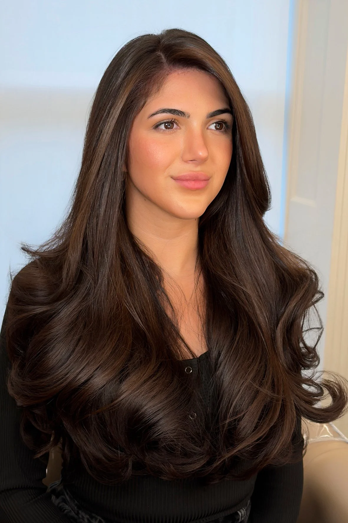 Expensive glossy brunette colour by Nana Howe.