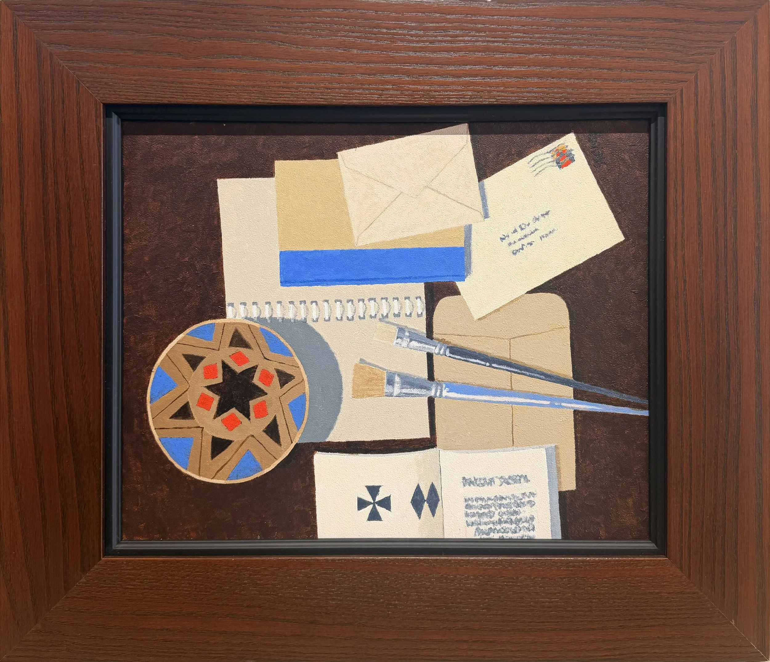Studio Table 2 (Letters and My Notebook), c.1985  ||  Acrylic on Canvas ||  11" x 14"