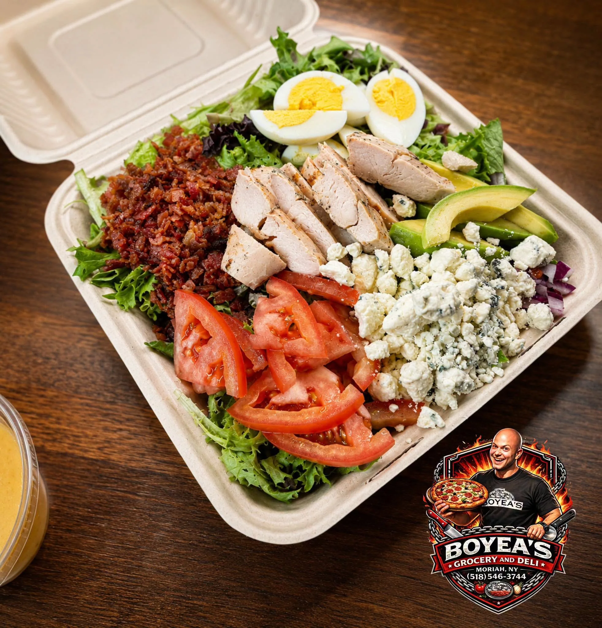 A takeout container filled with a salad that includes sliced hard-boiled eggs, shredded chicken, avocado slices, tomato slices, blue cheese crumbles, chopped lettuce, and a side of what appears to be salsa. The container is on a wooden table and the 
