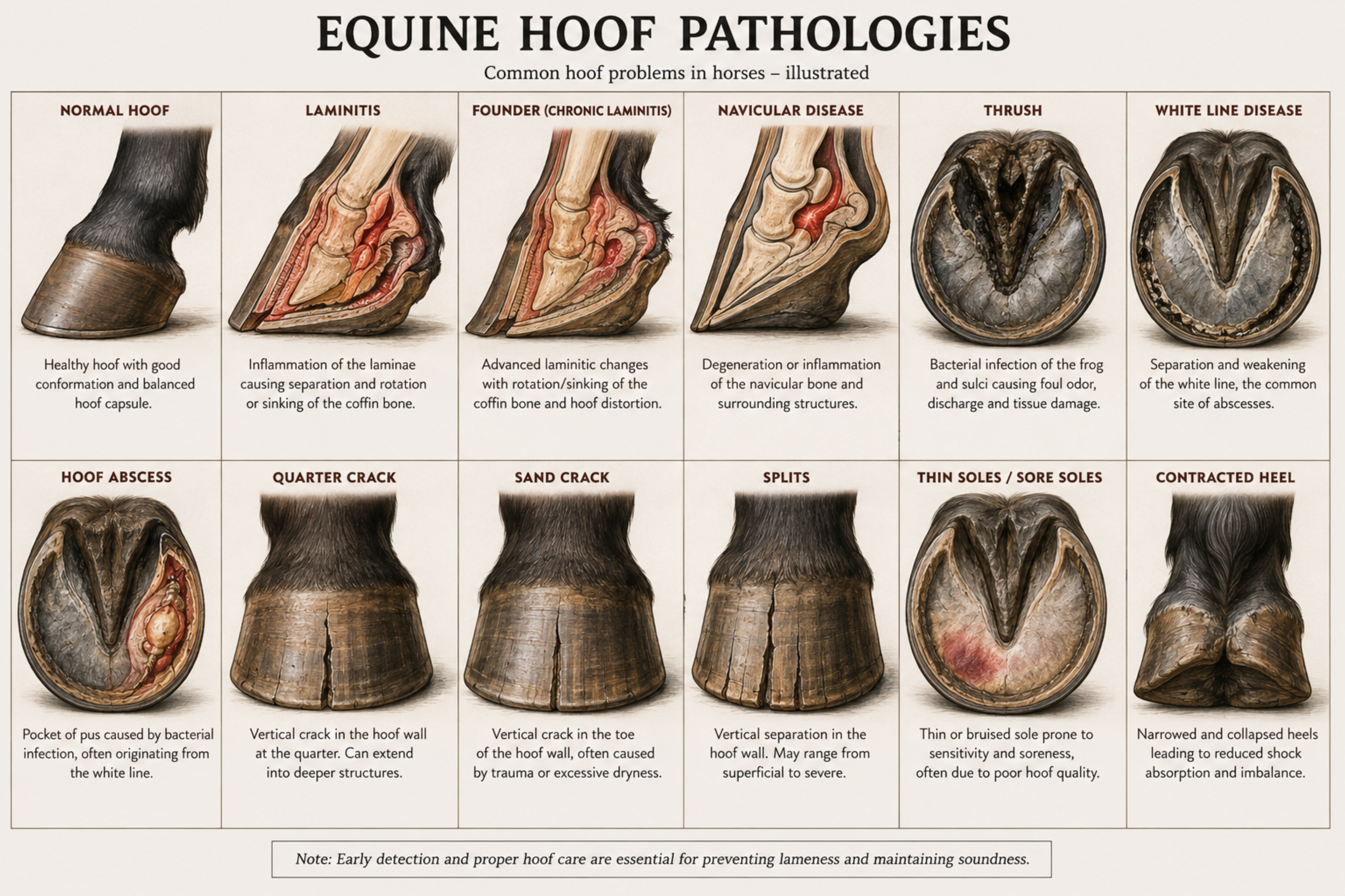 Chart illustrating common hoof problems in horses, including normal hoof, laminitis, founder, navicular disease, thrush, white line disease, hoof abscess, quarter crack, sand crack, splits, thin soles, and contracted heel, with images showing the different conditions and brief descriptions of each.