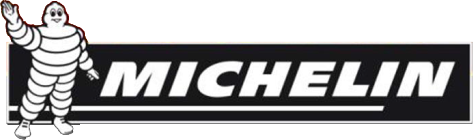 Michelin logo with the Michelin Man mascot standing and waving.