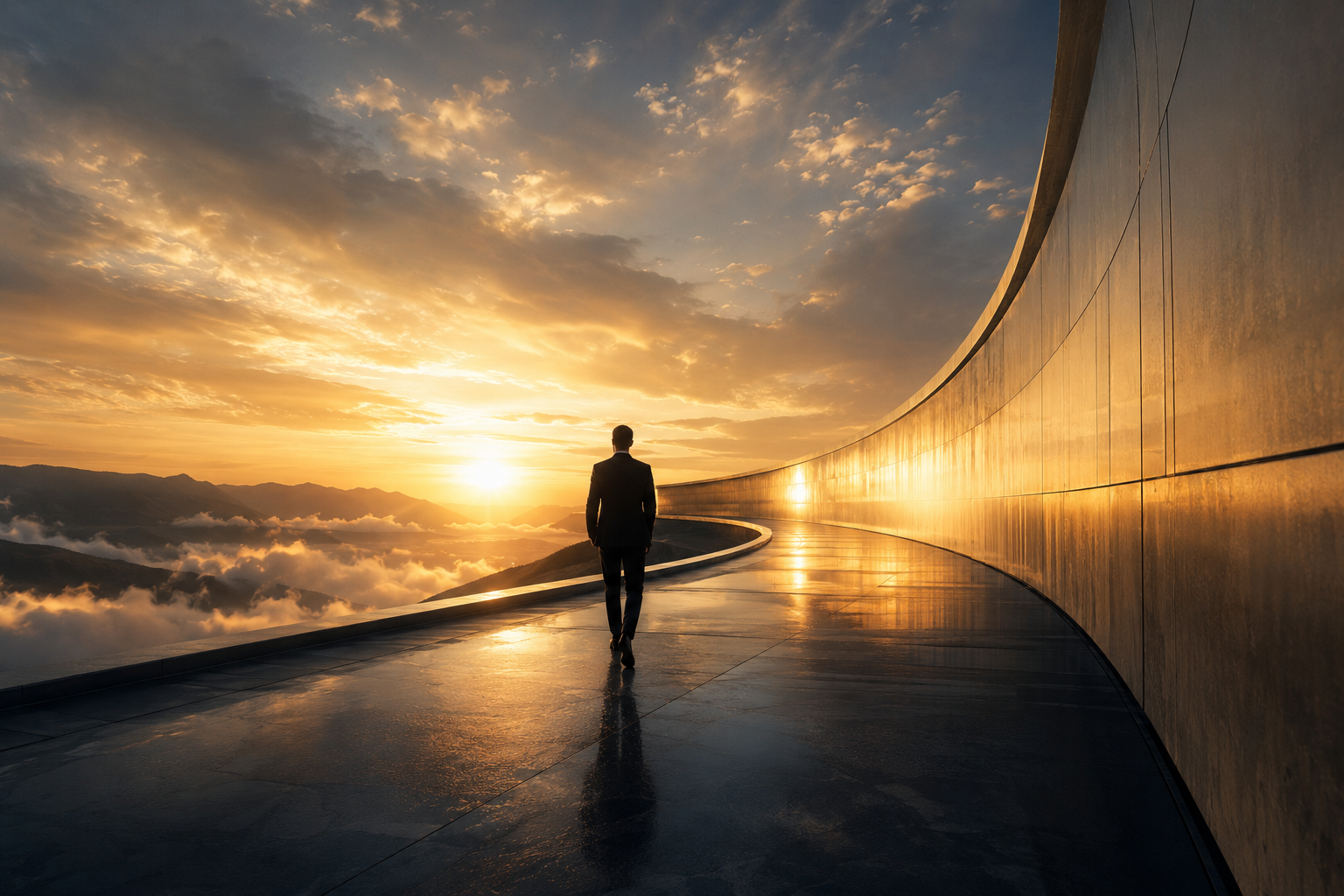A person walking along an outdoor curved walkway during sunset, with clouds and mountain scenery in the background and a reflective wall to the right.