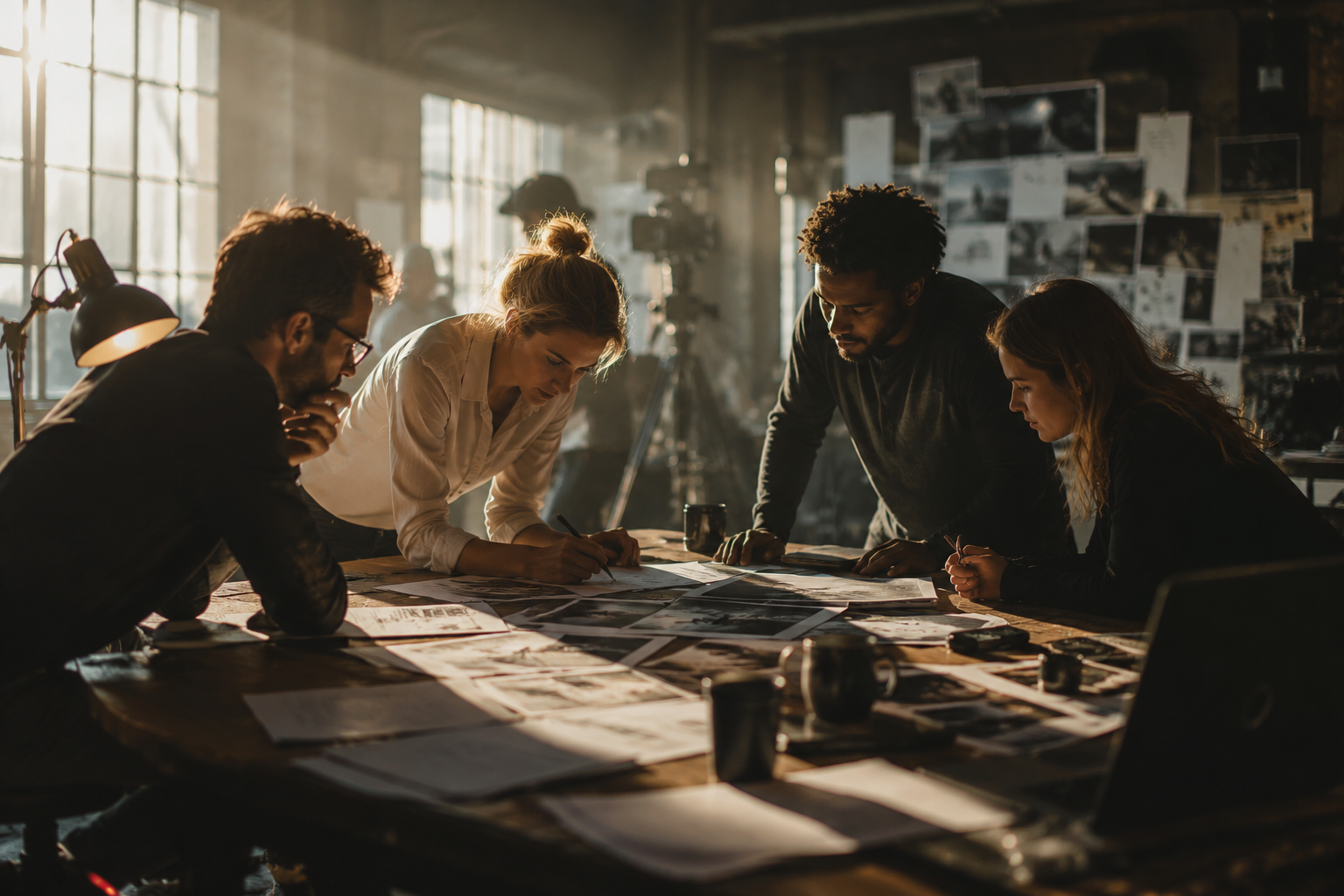 Group of five diverse people collaborating on a project at a large table covered with papers and photographs, in an industrial-style office with large windows and mood lighting.