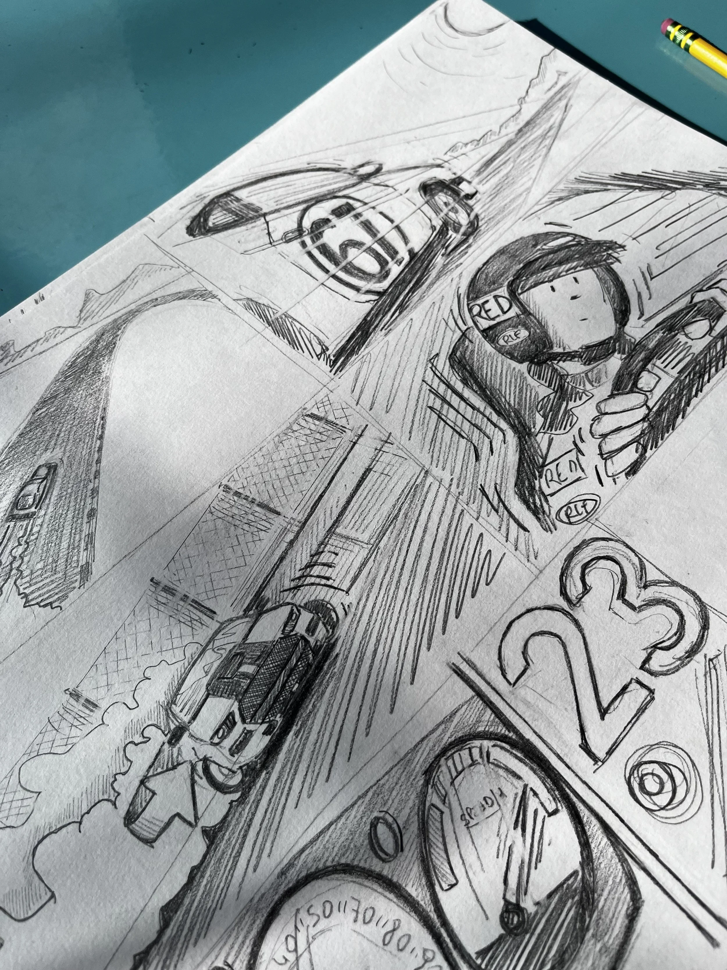 A hand-drawn sketch of a speedometer and dashboard in a car, with a person driving and mountains in the background.