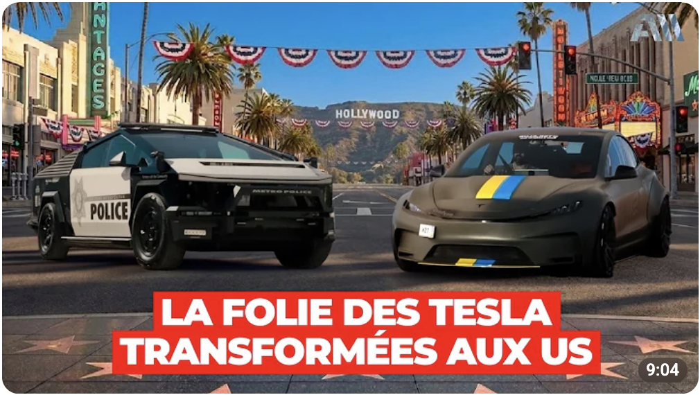 Two futuristic police cars on a street in Hollywood with palm trees, colorful banners, and the Hollywood sign in the background. The bottom of the image features a red banner with white text in French.