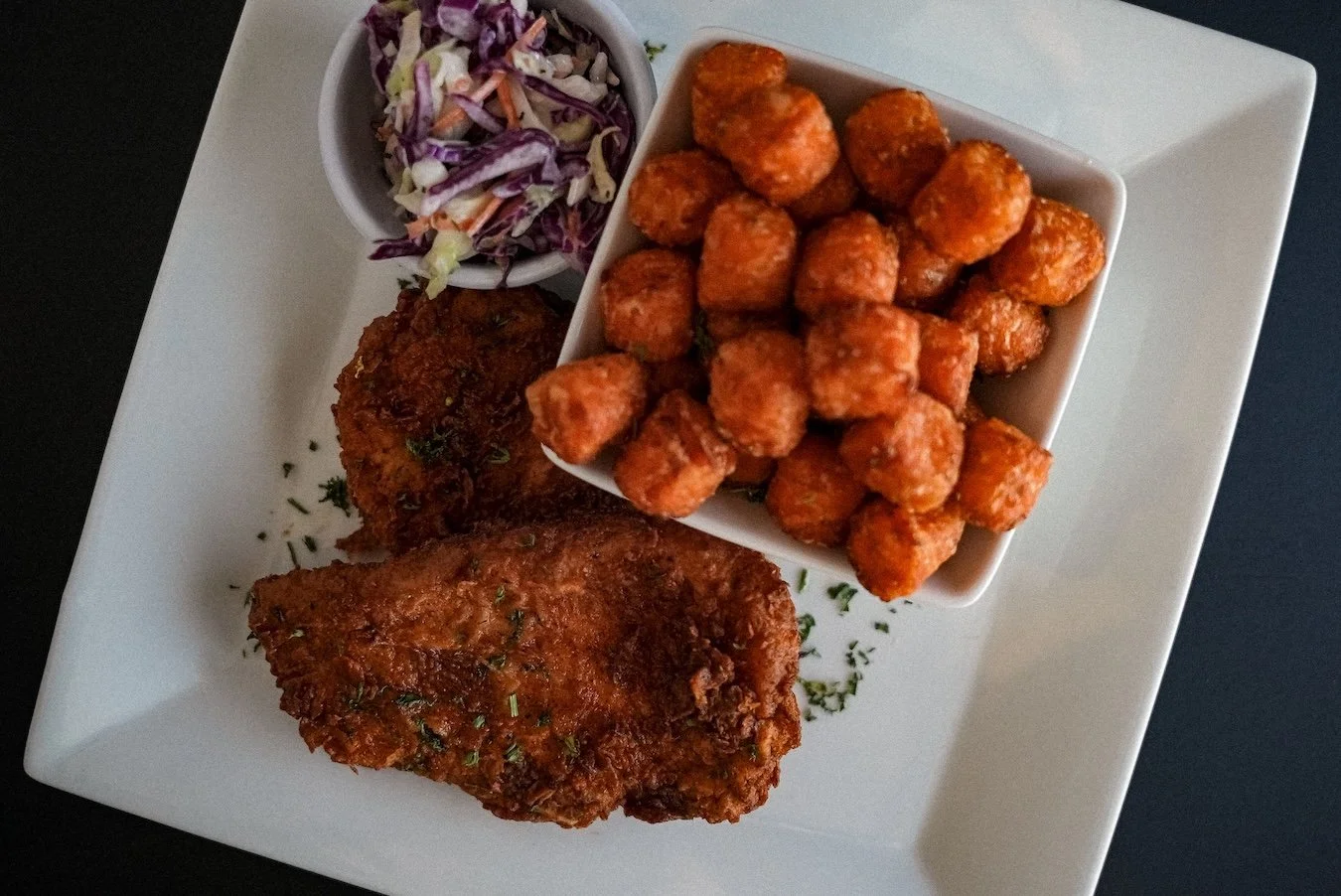 Fried Pork Chop Sweet Potato Tots Coleslaw Antlers Rooftop Tavern Downtown Estes Park Colorado, Pub, TV, Bar, Events, Lunch, Dinner, Outdoor, Private Events, Catering.jpg