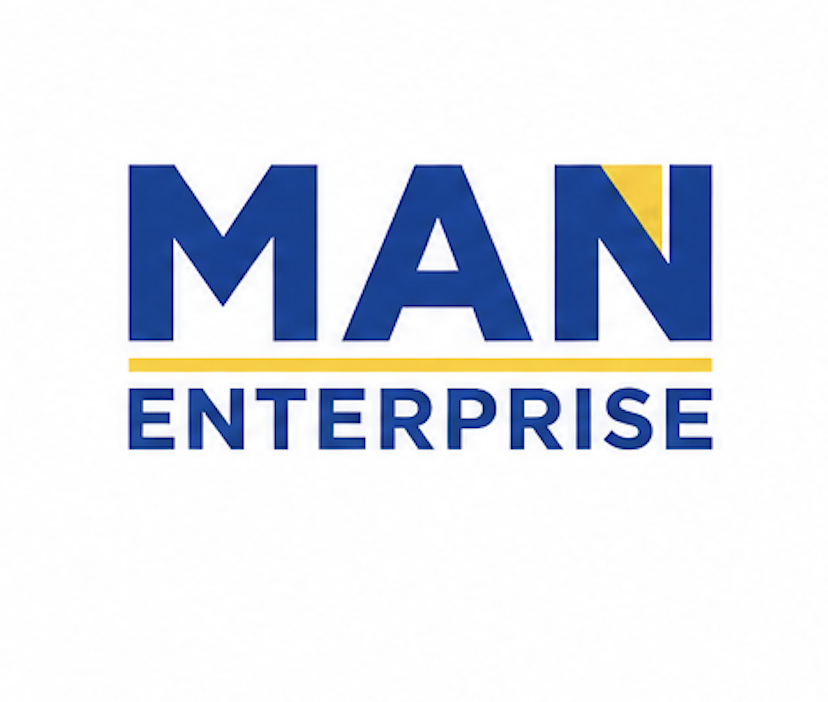 Logo with the words 'MAN ENTERPRISE' in blue and yellow colors.