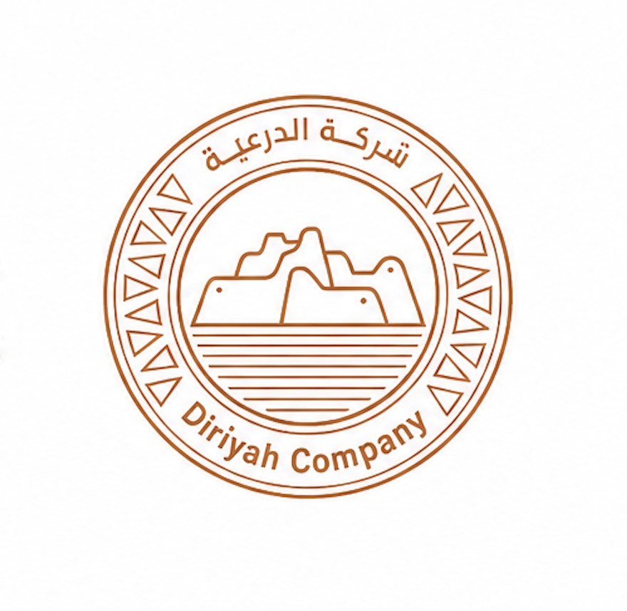 A circular logo with a mountain and water design in the center. Arabic text around the top and English text "Diriyah Company" at the bottom.