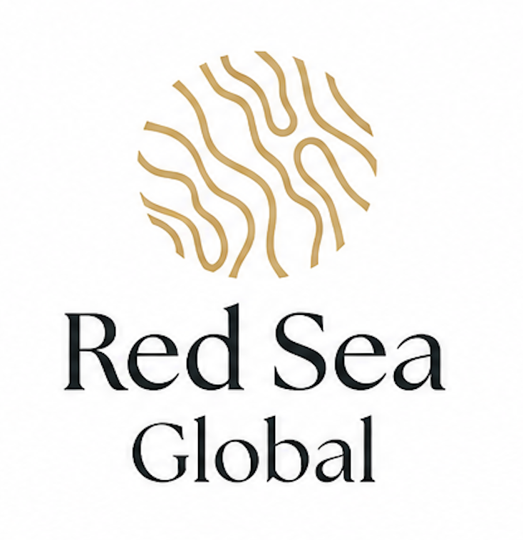 Logo with stylized gold coral and the text 'Red Sea Global' in black.