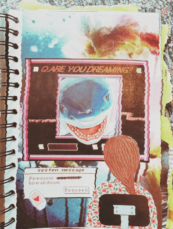 Drawing of a person with long hair seated in front of a computer monitor displaying a smiling cartoon face with a blue head and large teeth. The screen has a pink border and displays text saying 'Q: ARE YOU FRIEND.' The person's back is to the viewer, and they are wearing a patterned shirt. The desk has various icons and lines indicating computer interface elements.