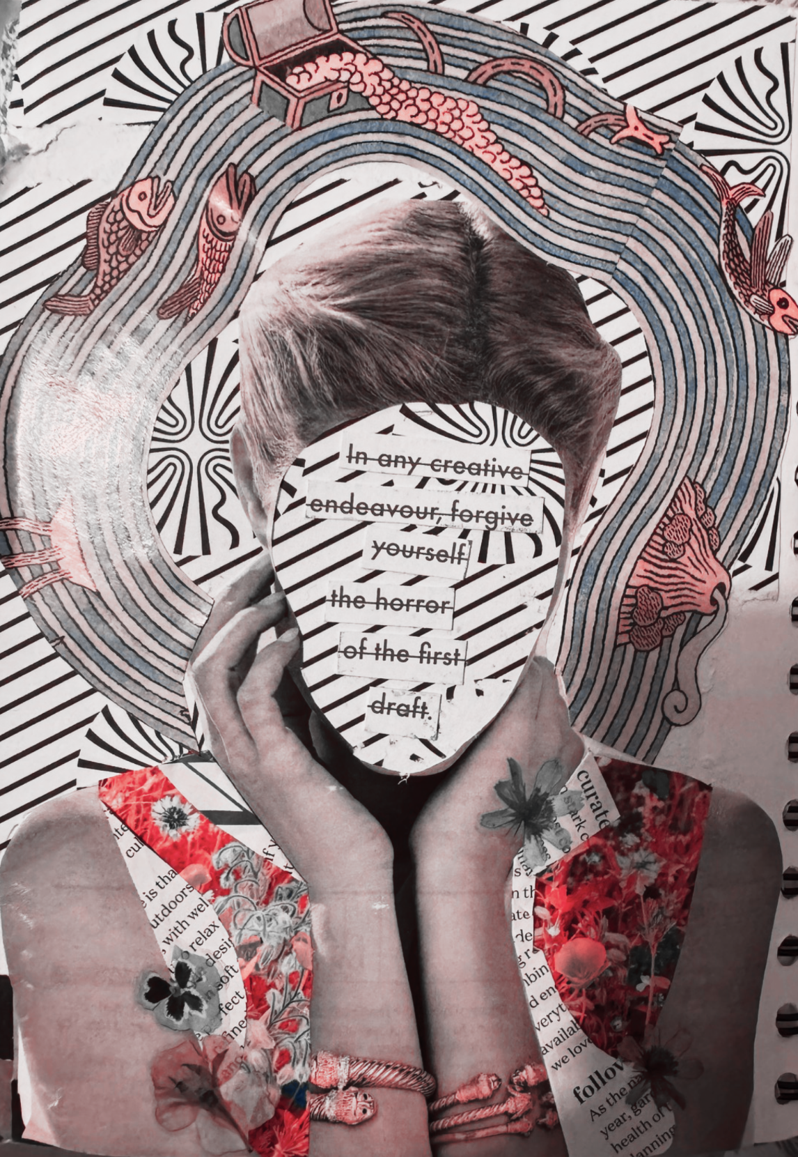 Collage artwork featuring a person with a face covered by a torn piece of paper with a quote, surrounded by stylistic illustrations of fish, waves, and abstract patterns.