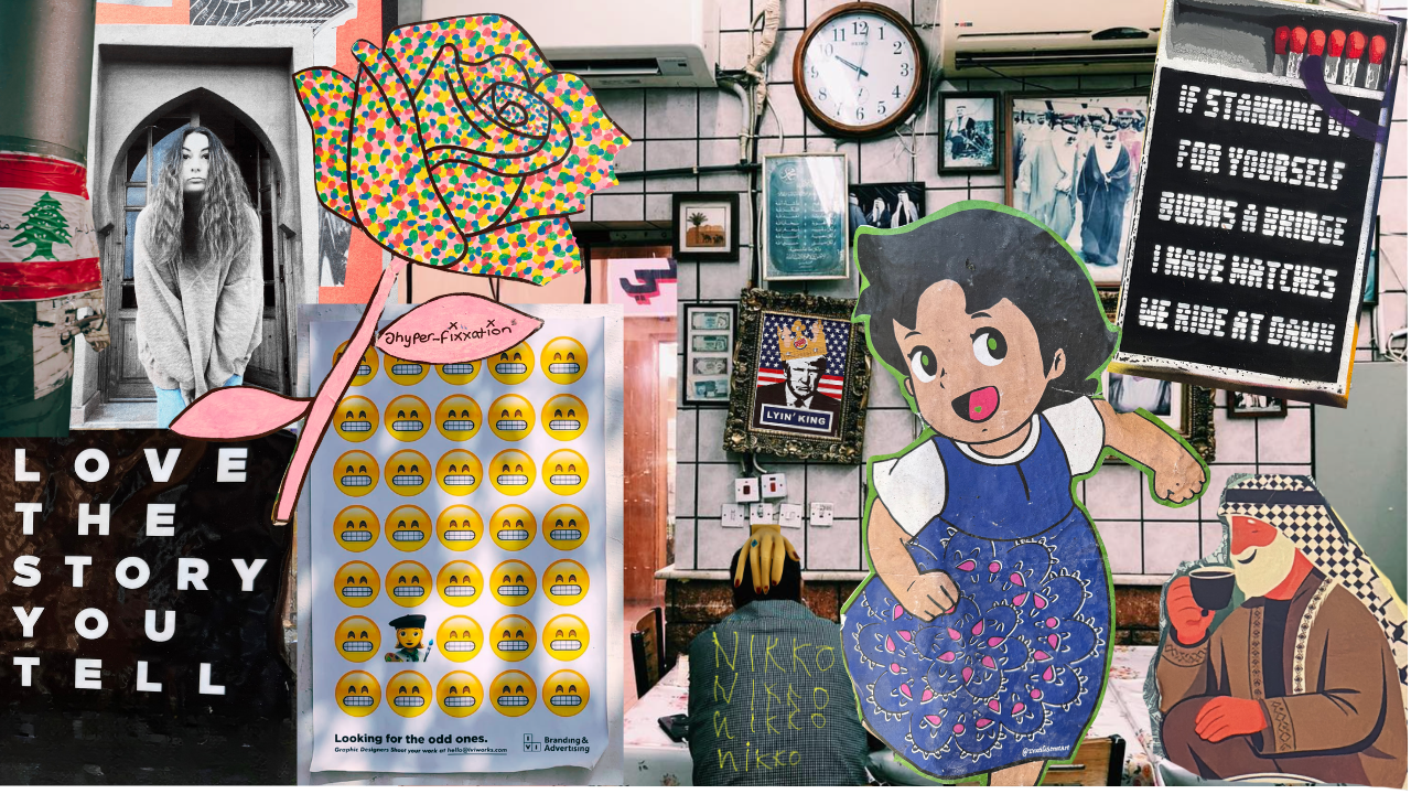 A mural with various artworks and photos on a wall, including a woman with long curly hair, a colorful paper rose, a clock, framed pictures, and a digital board with text. There are cartoon cutouts of a girl in a blue dress and a woman with a patterned headscarf drinking coffee. A person with a hoodie face turned away is sitting at a table, and there is a poster with emojis and the text "Looking for the odd ones." Various decorative and framed pictures fill the background.