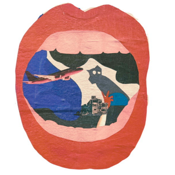 A collage inside an open mouth illustration, featuring an airplane, a ship, sunglasses, and a person holding a camera, with a colorful abstract background.