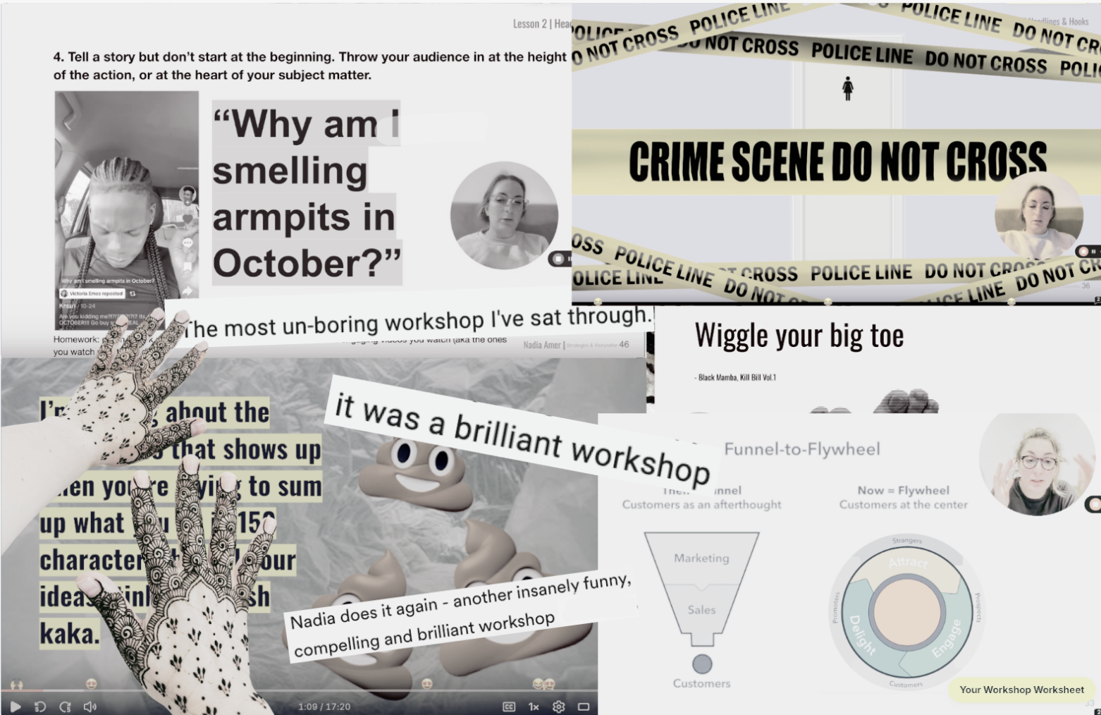 Collage of social media posts, images, and stickers including a police tape with 'CRIME SCENE DO NOT CROSS,' a woman speaking, a hand with henna designs, a cartoon poop emoji, multiple speech bubbles with text praising a workshop, and diagram parts related to customer engagement and sales.
