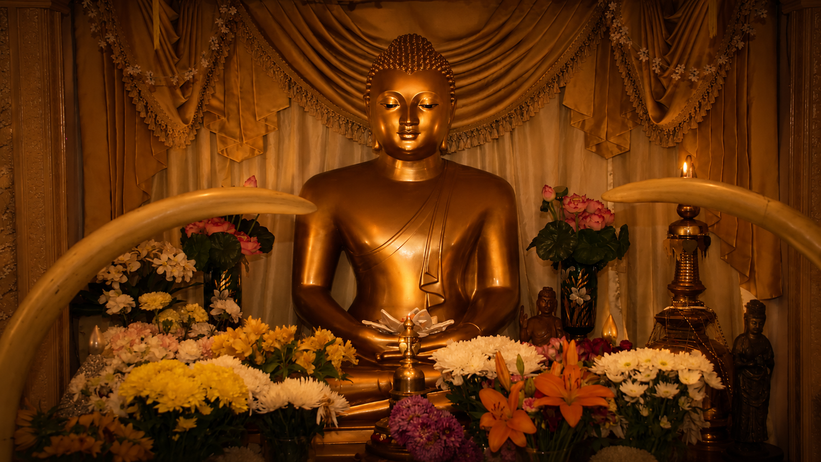 A golden Buddha statue seated surrounded by flowers and candles inside a temple.