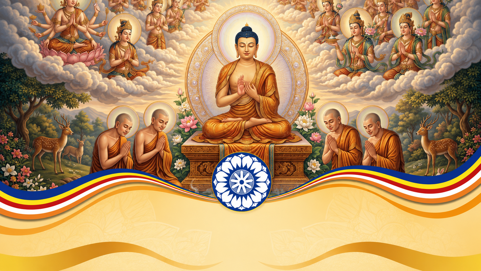Colorful religious artwork depicting the Buddha seated on a decorated platform surrounded by monks with halos, flowers, deer, and celestial beings in the background, with decorative wave patterns at the bottom.
