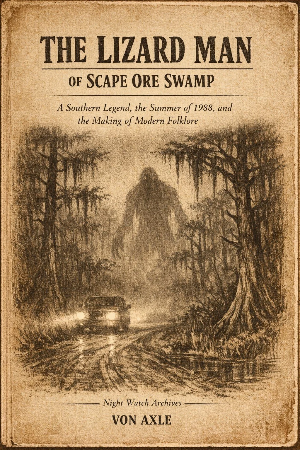 Book cover titled "The Lizard Man of Scape Ore Swamp" by Von Axle with a sepia-toned illustration of a swamp with moss-covered trees, a large lizard-like creature, and a car driving down a muddy road.