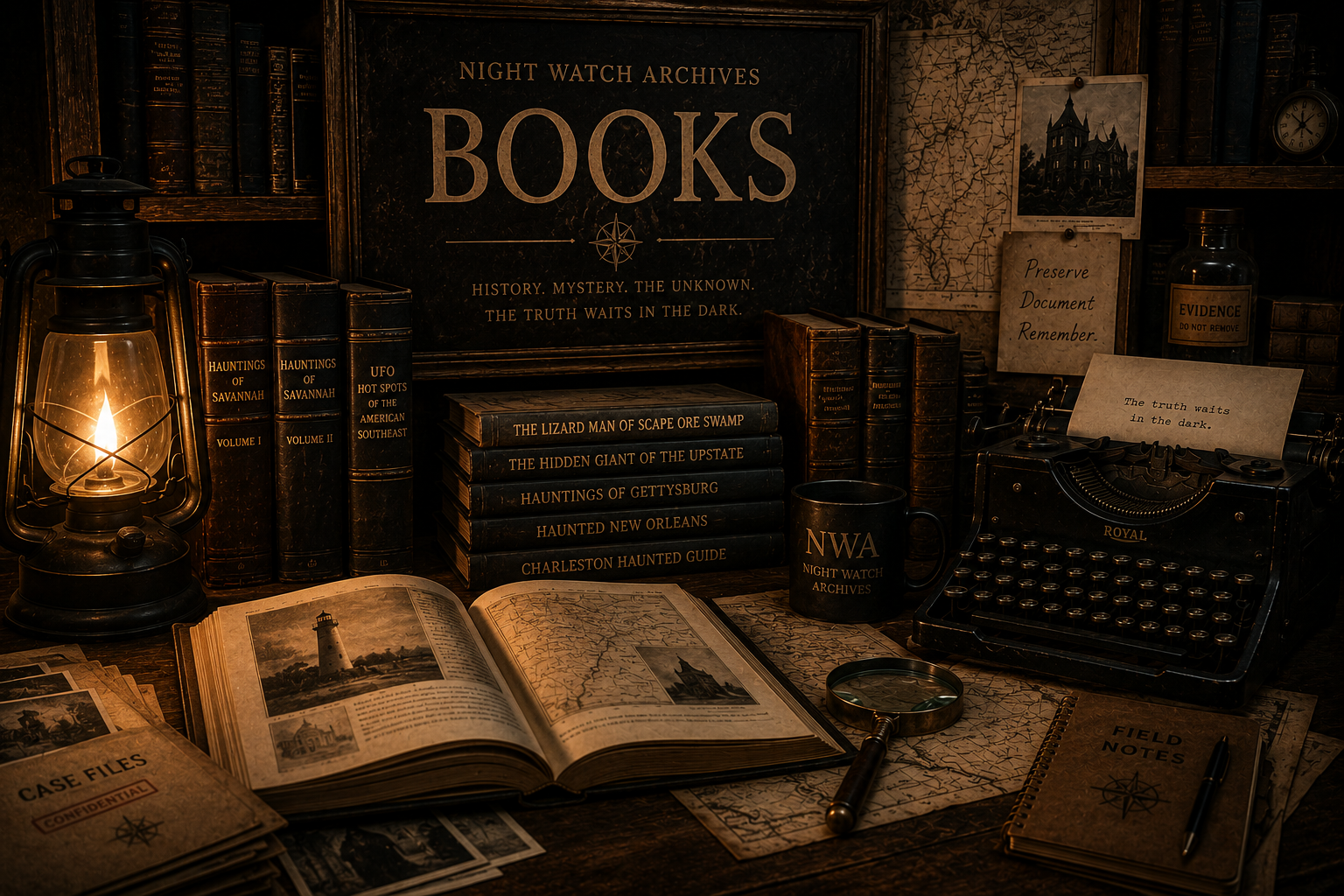 A vintage desk setup with books, an oil lantern, an old typewriter, a magnifying glass, a mug, and maps, themed around crime and mystery investigations.