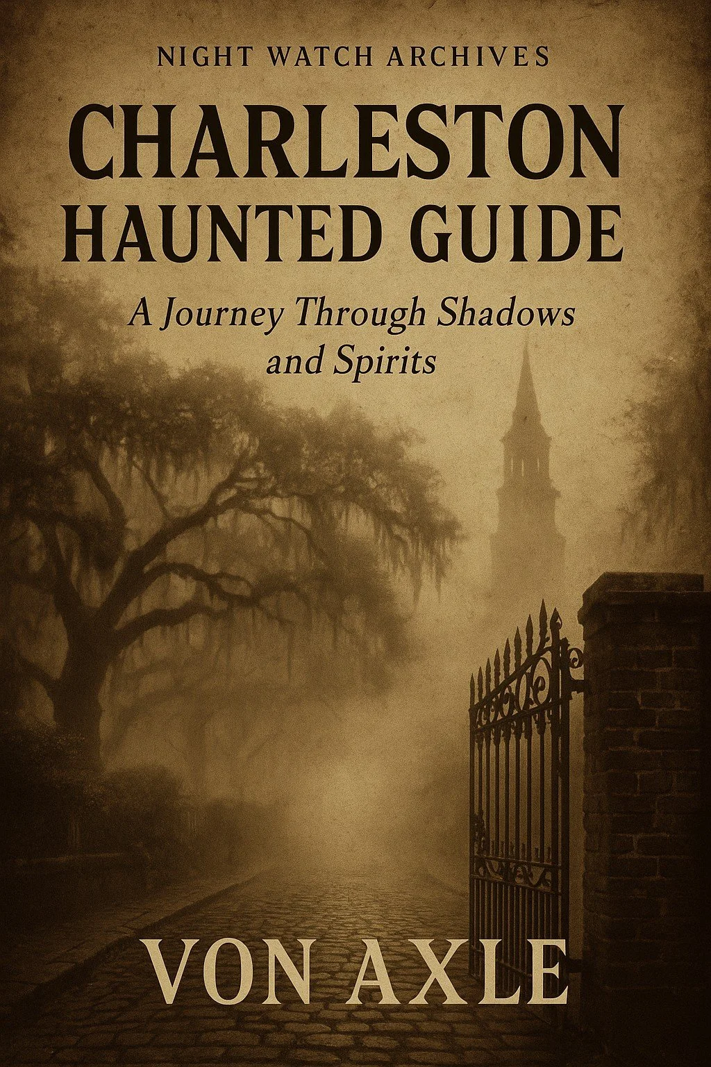 Book cover titled "Charleston Haunted Guide: A Journey Through Shadows and Spirits" by Von Axle, with a foggy, spooky street scene featuring a wrought-iron gate, an old tree with hanging moss, and a church steeple in the background.