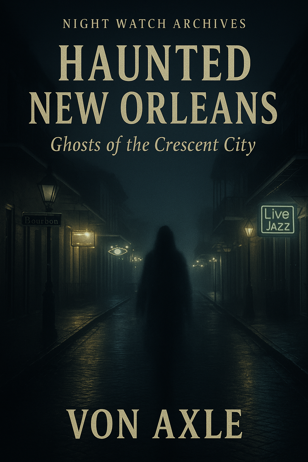 Book cover titled 'Night Watch Archives: Haunted New Orleans, Ghosts of the Crescent City' by Von Axle, featuring a dark, foggy street scene with a silhouette of a person walking, street lamps, and neon signs reading 'Bourbon' and 'Live Jazz.'