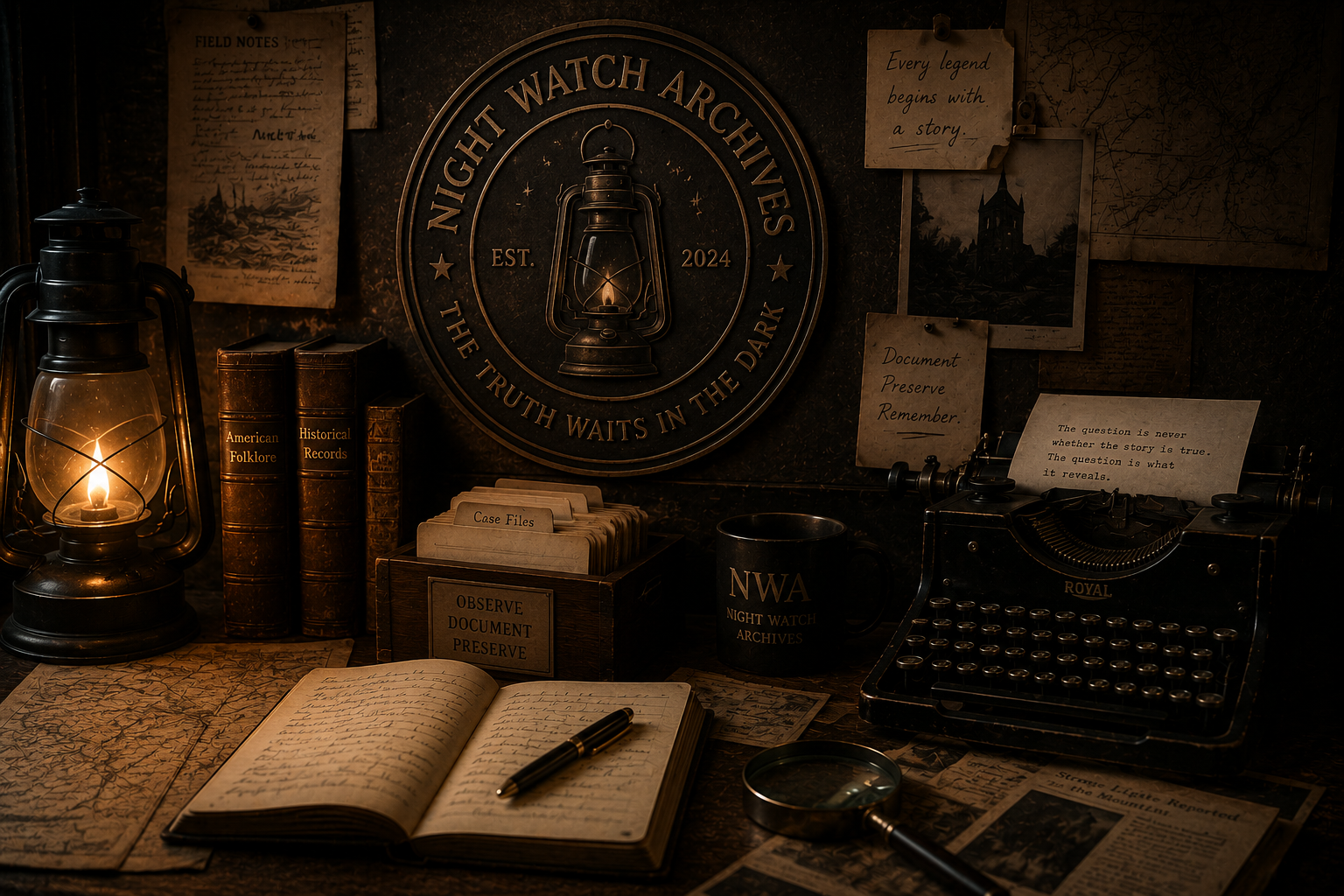 A vintage desk setup with an old lantern, books, documents, and a typewriter, all in a dimly lit, dark-themed office.