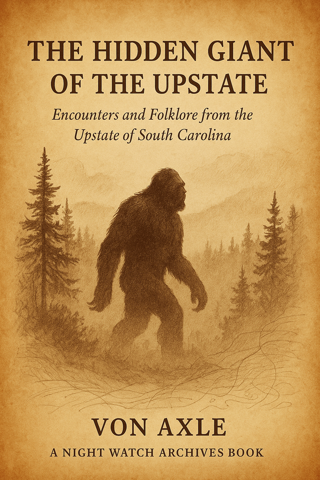 Book cover titled "The Hidden Giant of the Upstate" with subtitle "Encounters and Folklore from the Upstate of South Carolina". The cover has an illustration of a Bigfoot-like creature walking among pine trees and mountains in the background, with a sepia tone.