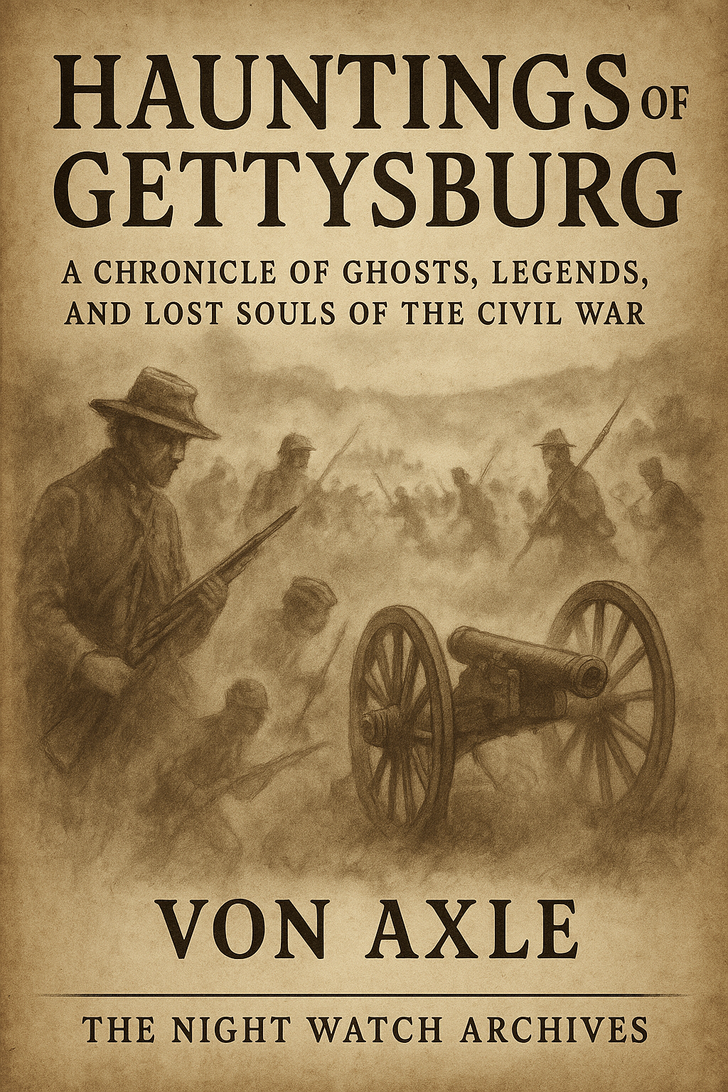 Book cover titled 'Hauntings of Gettysburg: A Chronicle of Ghosts, Legends, and Lost Souls of the Civil War' by Von Axle, featuring an illustrated scene of Civil War soldiers operating a cannon amidst smoke and battle.