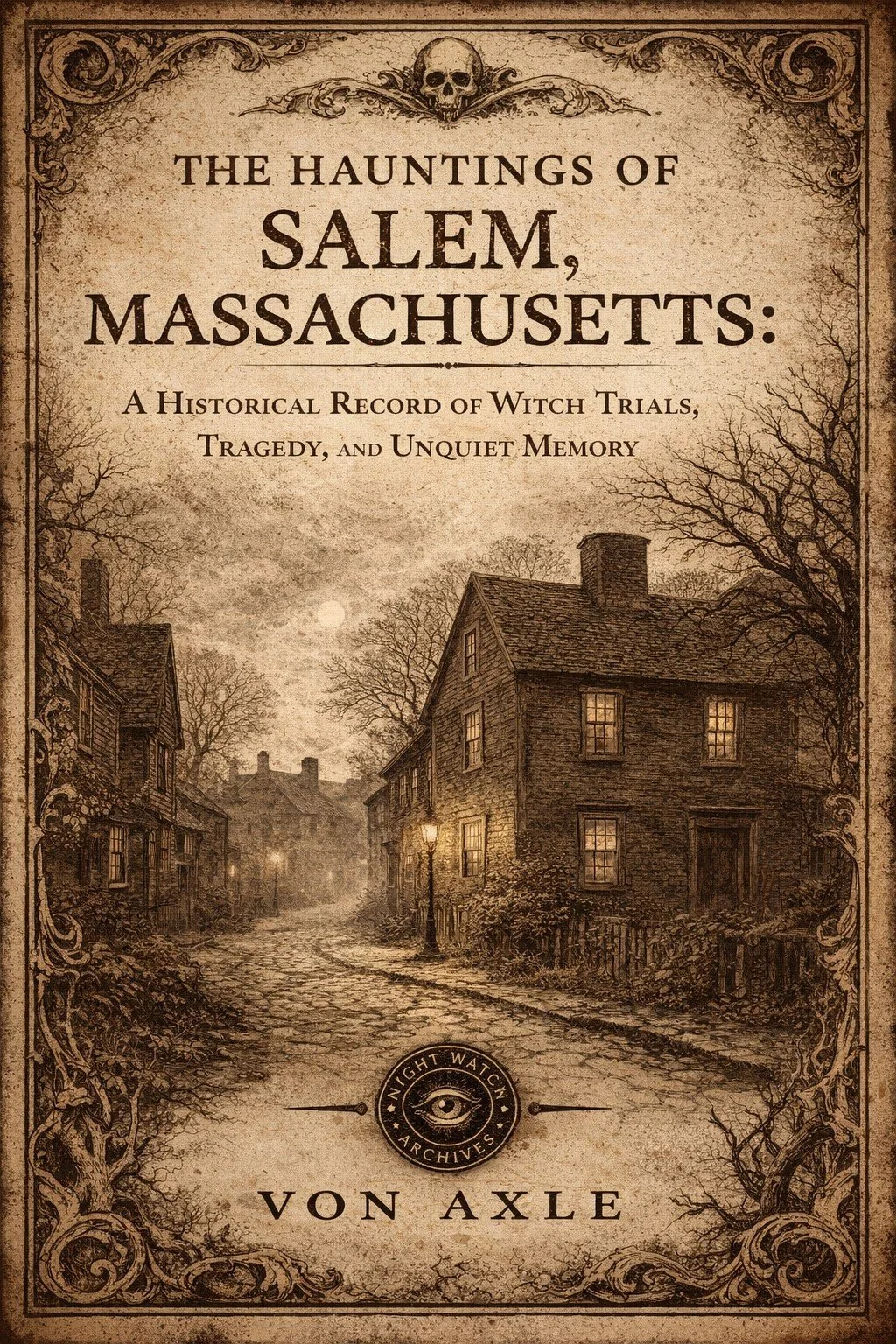 Book cover titled 'The Hauntings of Salem, Massachusetts: A Historical Record of Witch Trials, Tragedy, and Unquiet Memory' featuring an old, sepia-toned illustration of a haunted street scene with leafless trees, historic houses, and a full moon, framed with an ornate border and a skull at the top.