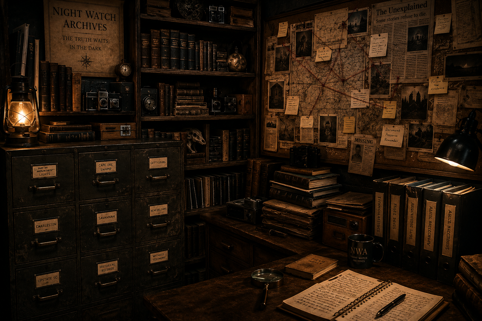 A vintage detective or research office with wooden furniture, a bulletin board filled with photos and notes connected by red string, filing cabinets labeled with city names, stacks of folders and books on desks, old cameras, and a warm oil lamp.