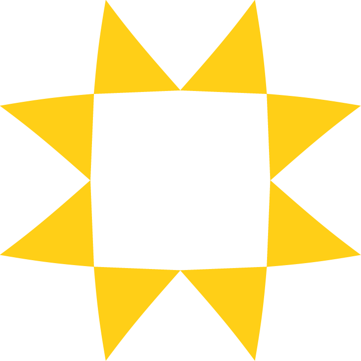 A digital illustration of a black square surrounded by a yellow sunburst pattern with 12 triangular rays on a black background.