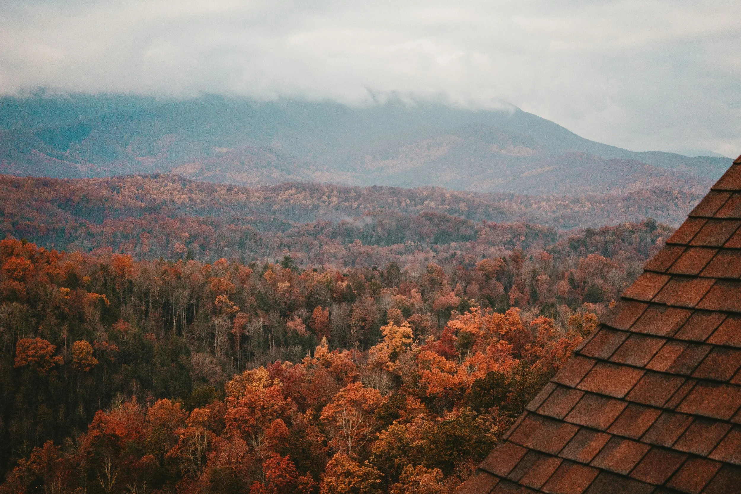 A view of a mountain covered with autumn-colored trees, with a cloud-covered peak in the background. The roof of a building with reddish-brown shingles is visible on the right side of the image.