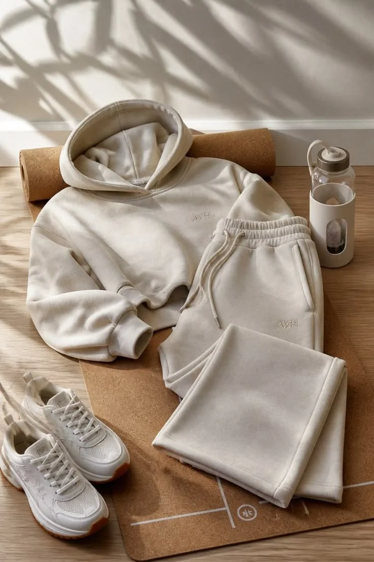 A beige hoodie and matching sweatpants, white sneakers, a water bottle, and a yoga mat on a wooden floor with sunlight and shadows.