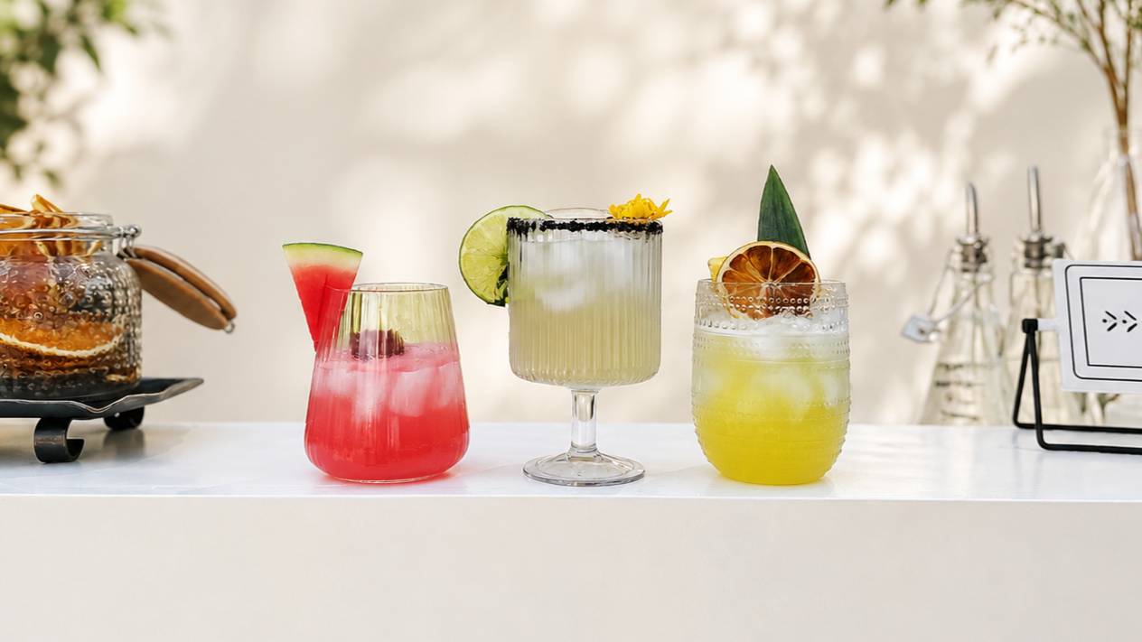 Three colorful cocktails on a white bar counter, with a jar of snacks on the left and a small plant and bottles in the background