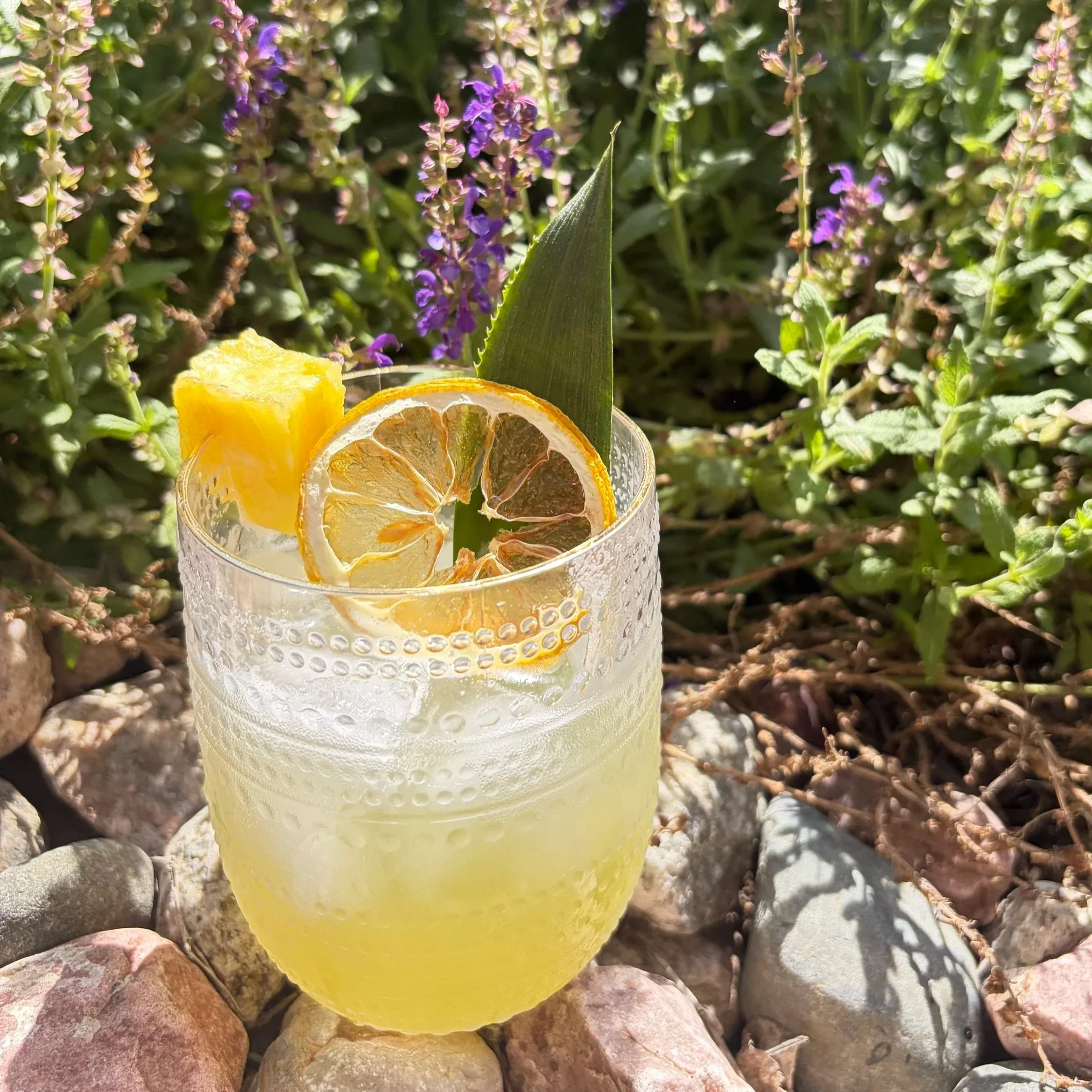 A glass of lemon-infused drink with lemon slices and a pineapple wedge, placed on rocks outdoors with purple flowers and greenery in the background.