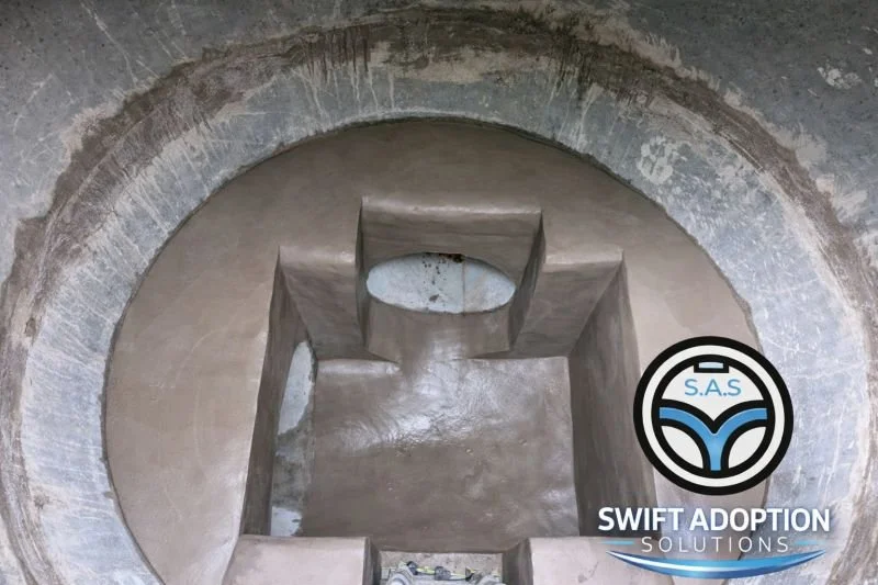 View inside a large concrete water tank with a central circular opening and multiple internal compartments, with a 'SWIFT ADOPTION SOLUTIONS' logo at the bottom right corner.