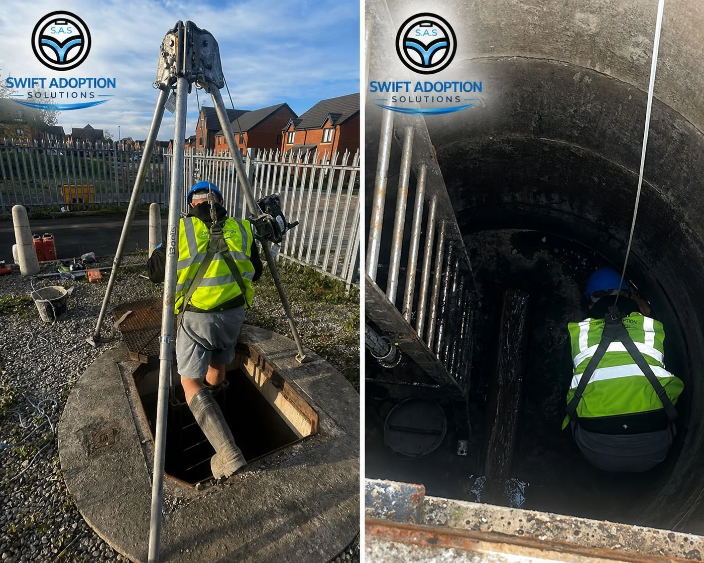A technician in a yellow safety vest and blue helmet working on a sewer manhole, wearing a harness for safety, with a tripod setup nearby and pipes on the equipment, city houses in the background.