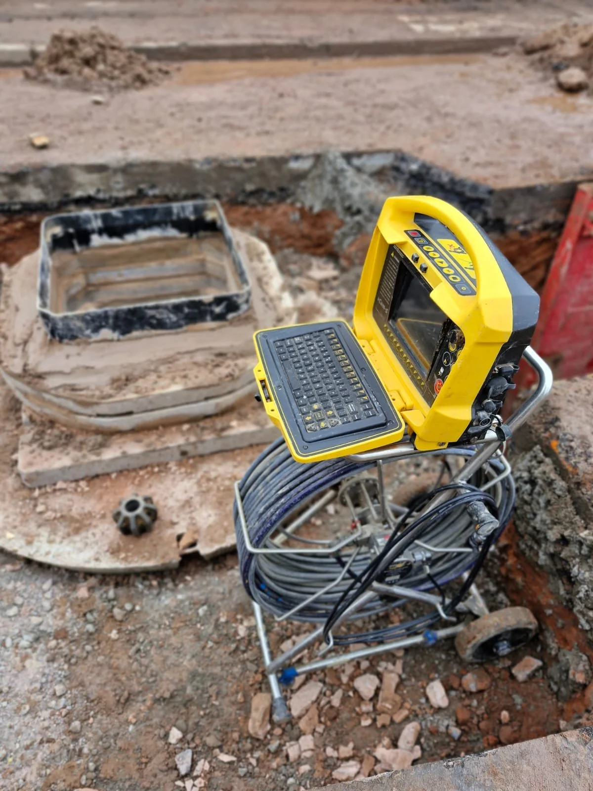Construction site with a yellow and black electronic measuring device on a metal stand with wires, in front of an open electrical box in the ground with concrete around it.