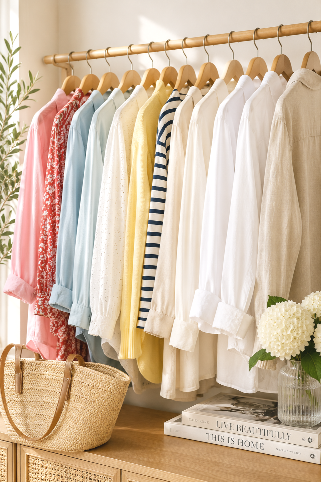 A row of colorful and neutral long-sleeve shirts hanging on wooden hangers on a wooden clothing rack inside a bright room. Items on a wooden surface below include a straw tote bag, a stack of coffee table books titled 'LIVE BEAUTIFULLY' and 'THIS IS HOME', and a glass vase with white hydrangea flowers.