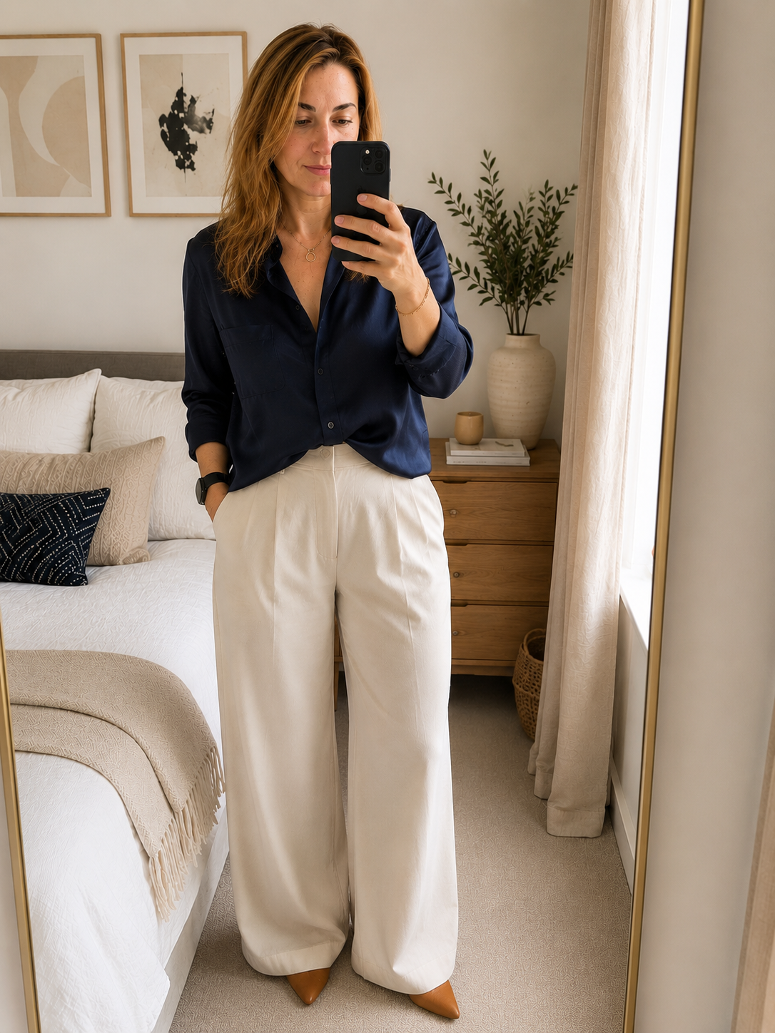 Woman taking a mirror selfie in a bedroom, wearing a navy blue blouse and cream wide-leg trousers, with brown heels.