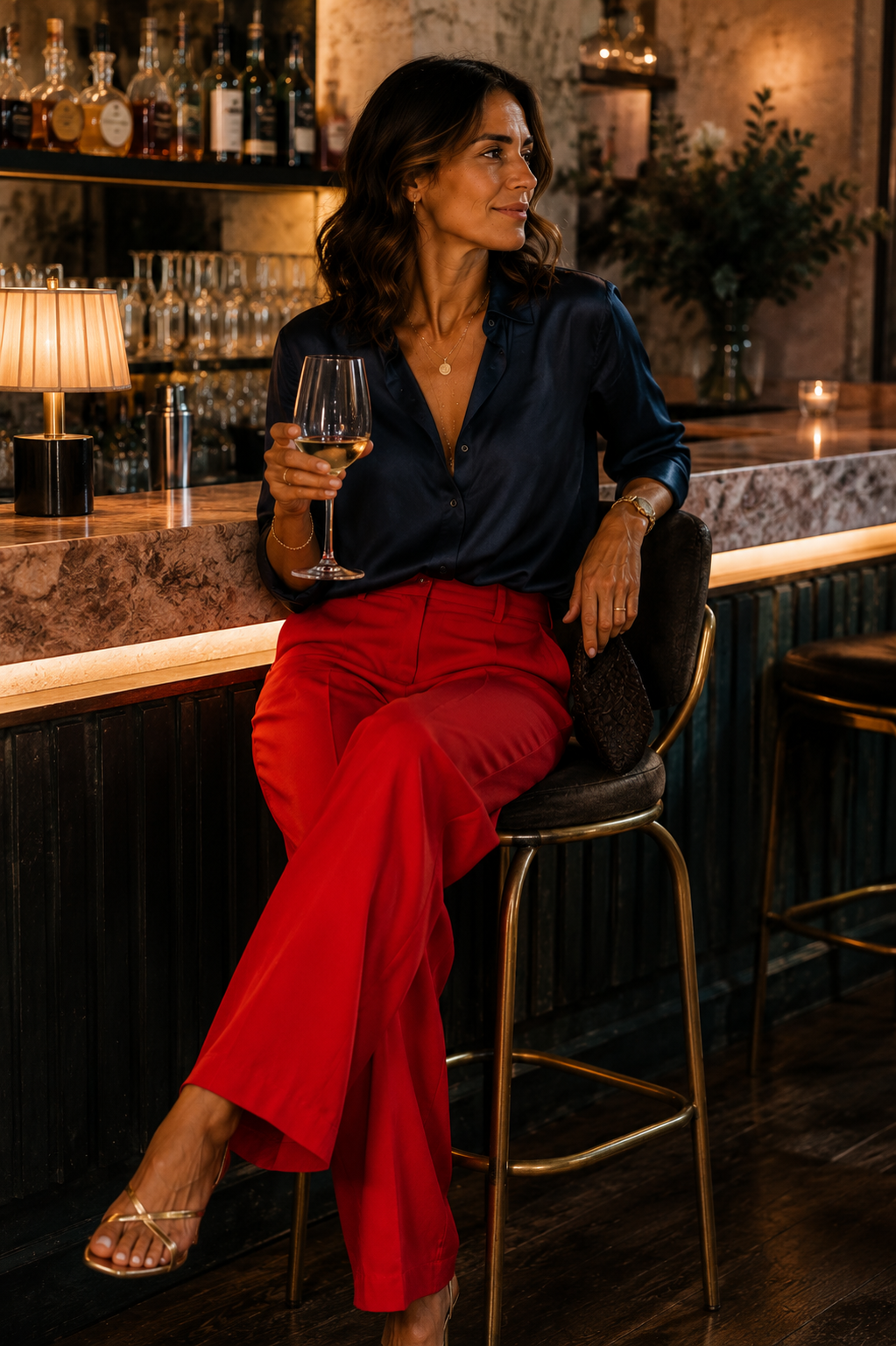 A woman with wavy brown hair, wearing a navy blouse and red pants, sitting at a bar with a glass of white wine, in a warmly lit, elegant bar or lounge setting.