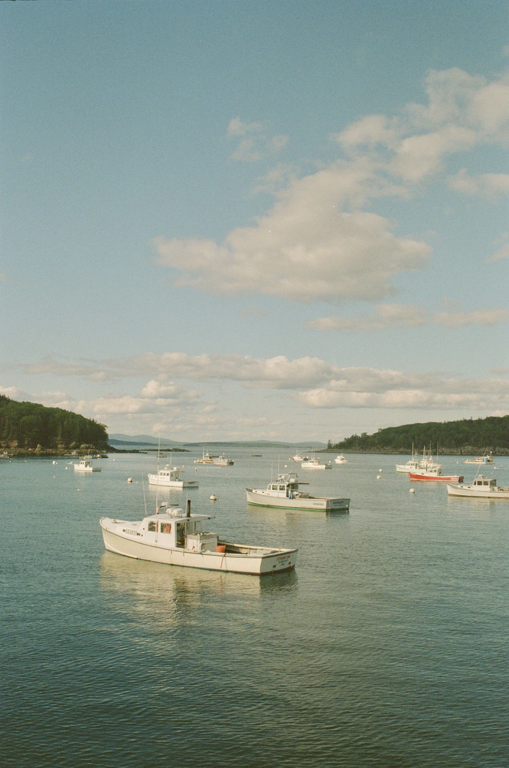 A calm seascape with several small boats floating on the water, surrounded by green hills and a partly cloudy sky.