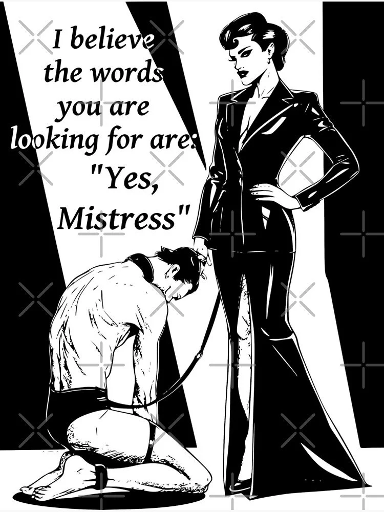 Black and white illustration of a woman dressed in a leather suit, holding a leash attached to a kneeling man with a collar, with text saying "I believe the words you are looking for are: 'Yes, Mistress'".