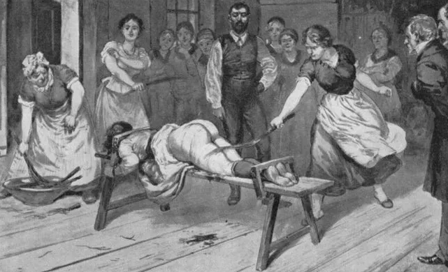 Historical scene depicting a woman tied to a table, with a crowd gathered around, in black and white.