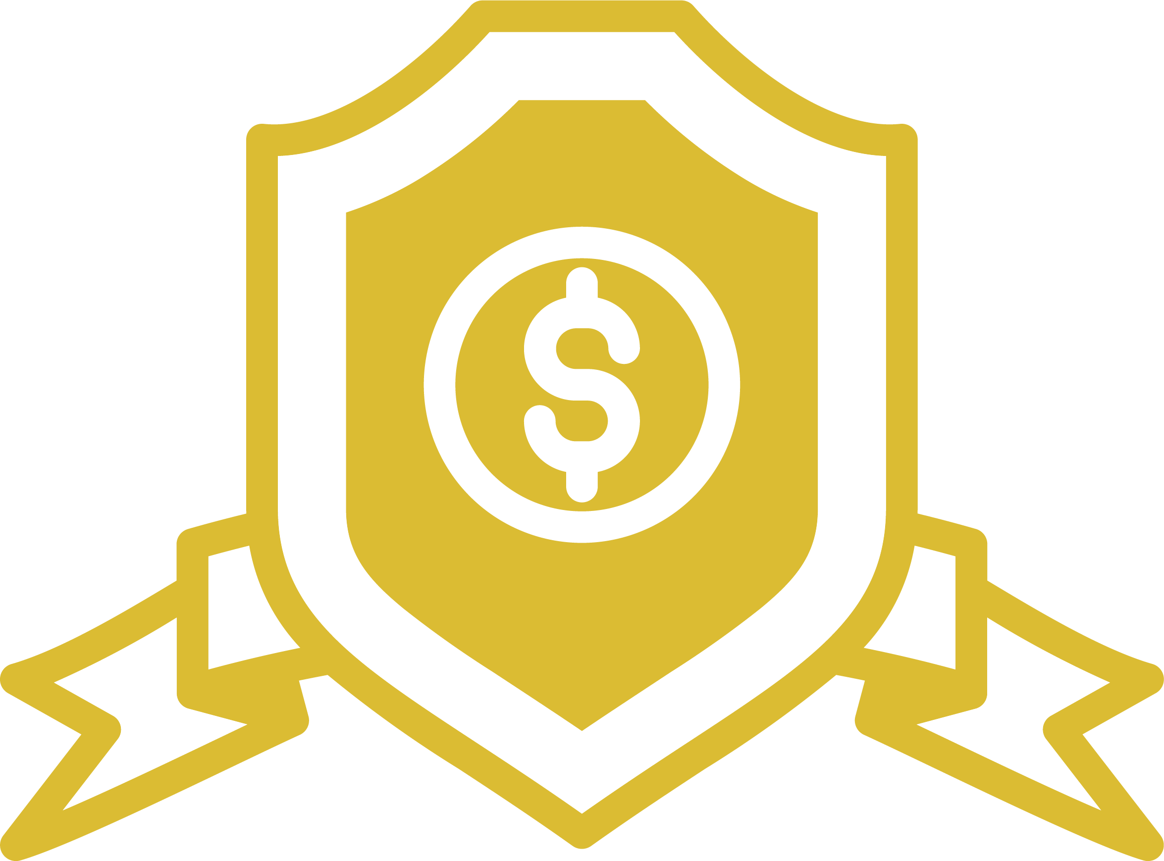 Gold and white award medal with a dollar sign in the center