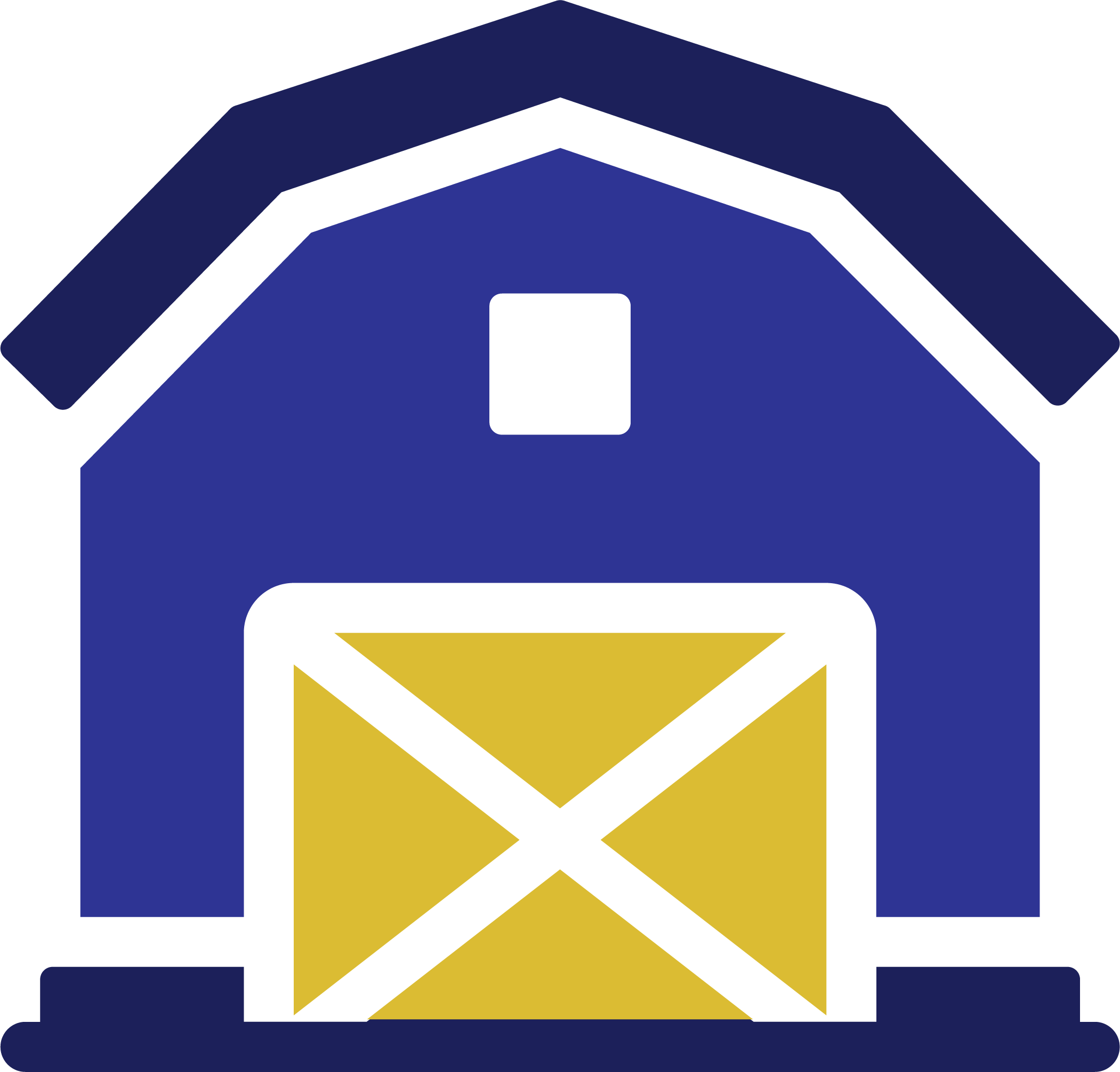 An illustration of a barn in blue and yellow.